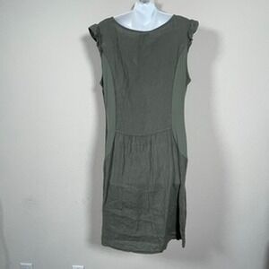 Lina Tomei Linen Shift Dress Womens XL Olive Green Lagenlook Ruffle Sleeve Italy